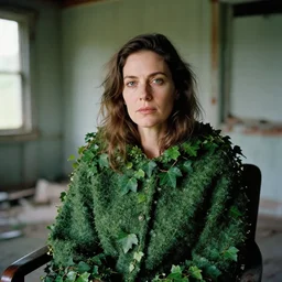closeup portrait of a woman with a cloak made of ivy, sitting in a chair in an abandoned house, by Annie Leibovitz and Steve McCurry, natural light, detailed face, CANON Eos C300, ƒ1.8, 35mm, 8K, medium-format print