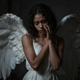 portrait sculpt of beautiful black haired female angel, shameful, sad, dark