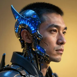 hyperrealistic close-up blue glowy exoskeleton!! chinese man highly detailed concept art eric zener elson peter cinematic side soft yellow light low angle hd 8k sharp shallow depth of field