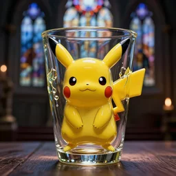 pikachu in tainted glass, church style, dramatic, detailed, glass, pikachu, good lighting