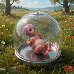 animal fetus in cryo chamber in a beautiful field by guillermo del toro, science fiction, ultra wide angle, wet, highly detailed, ultra detailed, rich colors