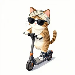 cute and funny, a cat standing on its back legs, wearing high top sneakers, a turban and sunglasses, riding an e - scooter, ratfink style by ed roth, centered award winning watercolor pen illustration, isometric illustration by chihiro iwasaki, edited by range murata, tiny details by artgerm and watercolor girl, symmetrically isometrically centered