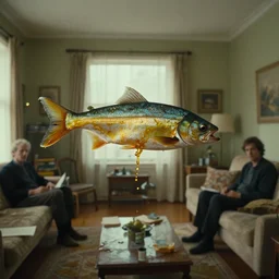 fish flying through the living room, oil caustics, film still from the movie directed by denis villeneuve and david cronenberg with art direction by wayne d barlowe and h. r. giger