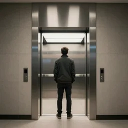 a man waiting an elevators, highly detailed, still shot from movie, wide shot