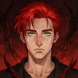 a drawing of a man with red hair and green eyes, digital art by muggur, trending on deviantart, digital art, hellish background, digital illustration, digital painting