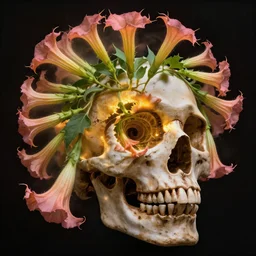 a fractal within a fractal within a fractal within a fractal within a fractal all contained in a human skull and complimented with the most beautiful datura flowers, dynamic lighting, datura, angel's trumpet