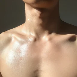 a man with the oiliest skin possible, his skin is so bright it causes a lens flare and overexposes the picture