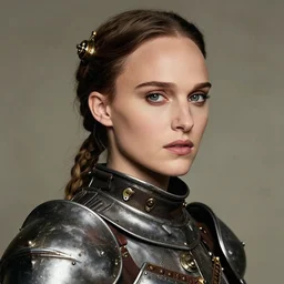 head and shoulders portrait of a female knight, portrayed by young natalie portman, steampunk, vogue fashion photo