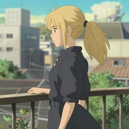 a blonde woman wearing black with a ponytail stands on her balcony, still from urban scenes directed by Hayao Miyazaki