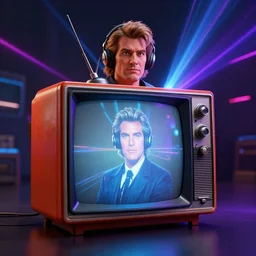 a hyperrealistic 3 d render of max headroom on a vintage tv, octane render, unreal engine, 8 k, trending on cgsociety, volumetric lighting, dramatic lighting, lasers, neon