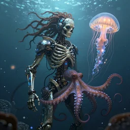 underwater photography of a biopunk human skeleton with dreadlocks in symbiosis with an octopus and a jellyfish, intricate and ornate alien technology, bioluminescence, bokeh!, bloom, dim rim lighting, by victor grasso and scott musgrove, anton h. r. giger and tooth wu, digital illustration, concept art, cg society
