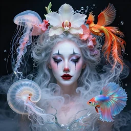 3 d close - up macro portrait of the goddess clown girl in midsommar style surrounded by smoke and water energy flow mixed with jellyfish phoenix bird giant orchid flower and giant gladiola betta fish, intricate, elegant. translucent nautilus, highly detailed, by wlop, tooth wu, greg rutkowski, alena aenami