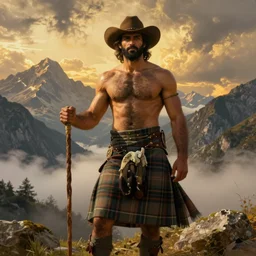 a dramatic epic beautiful painting of a hairy handsome shirtless desi man in the mountains | he is wearing a scottish plaid kilt and cowboy hat, and holding a walking stick | background is mountains! and clouds | dramatic lighting, golden hour, homoerotic | by clyde aspevig and albert bierstadt and alphonse mucha | trending on artstation