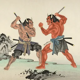 a japanese ink block painting of an oni fighting a samurai, 4 k, hyper realistic, dslr, high resolution, landscape, beautiful, ink block, edo, painting