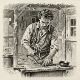 film still of charlie day, working as blacksmith outside farmhouse, pencil drawing, realistic detailed face, hammering anvil, heavy contrast