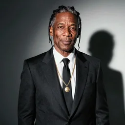 a studio photograph of Morgan Freeman dressed as Travis Scott, 40mm lens, shallow depth of field, split lighting