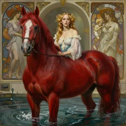 jennifer lawrence in the style of bathing the red horse by petrov vodkin, oil painting, digital painting, concept art, smooth, sharp focus, intricate details, eerie, highly detailed, photorealistic, octane render, 8 k, unreal engine. art by artgerm and greg rutkowski and alphonse mucha