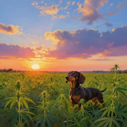a dachshund, surreal photography, cannabis field, sunset on a summer day light, impressionist painting, colorful clouds, blue sky, digital painting, artstation, simon stalenhag
