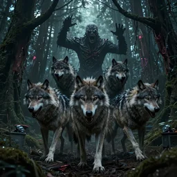 an epic action concept masterpiece of a rabid wolfpack, in a forest made of nightmares, horrific digital art, extremely moody lighting, style of igor kieryluk