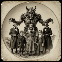 vintage photography monochrome plate, monstrous mutant victorian family of demonic cenobites posing with gas mask, distressed old photo, deteriorated, grunge, antique, light sepia tone, horror, madness, catastrophe, dystopia, apocalypse
