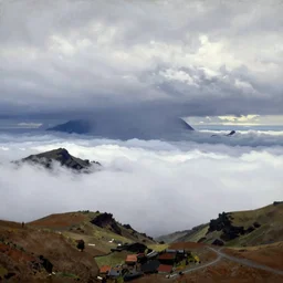 painting by sargent and leyendecker and greg hildebrandt savrasov levitan above the layered low clouds on madeira faroe azores iceland black coast overcast storm wide angle view from above
