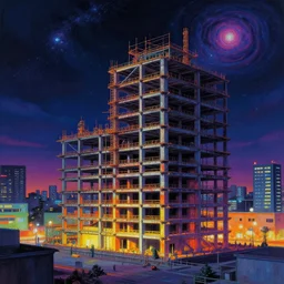 a beautiful ultradetailed painting of pier industrial architecture city unfinished building by toyo ito, cgsociety retrowave thermal imaging at night hyperrealism studio ghibli sunlight thermal vision neon noir myst nightsky tokyo darkacademia at dusk galactic magic realism alien, archdaily, wallpaper, highly detailed, trending on artstation.