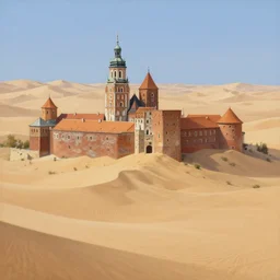 painting of Cracow Wawel castle buried in the sands of a vast desert, most of the castle is covered in sand, beautiful lighting, detailed, realistic