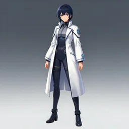 a full body drawing of a female anime scientist wearing a futuristic labcoat, sci - fi character concept by makoto aida, trending on artstation, digital art