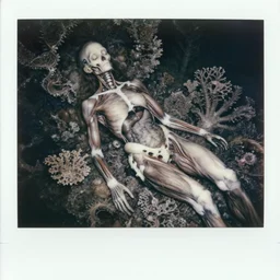 an 1 9 1 0 polaroid photography of a very sad and detailed rotten woman corpse with fractal coral reefs and ornate growing all around, muscles, veins, arteries, bones, anatomical, skull, eye, ears, organs, flesh, full body, intricate, surreal, ray caesar, john constable, guy denning, dan hillier, black and white