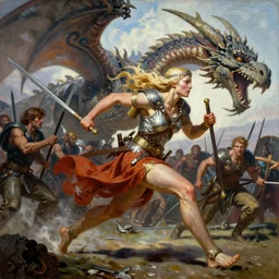 An oil painting of a beautiful blonde viking woman sprinting into battle, by Frank Frazetta, Greg Rutkowski, Boris Vallejo, Neal Hanson, Christian MacNevin, epic fantasy character art, goddess of war, high fantasy, Exquisite detail, post-processing, low angle, masterpiece, cinematic, colossal dragon as background