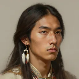 semi-realistic portrait of a young native american man, face, thin, fantasy, intricate, elegant, digital painting, artstation, concept art, smooth, sharp focus, illustration, art by artgerm and greg rutkowski and alphonse mucha