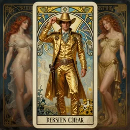 a dramatic ethereal epic symmetrical painting of a handsome cowboy in a gold outfit | tarot card, art deco, art nouveau,  (steampunk), homoerotic, realistic | by Dresden Codak, ((((by Greg Rutkowski)))), by Mark Maggiori and (((Alphonse Mucha))) | trending on artstation