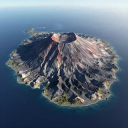 digital concept art,aerial drone wide view of Anak Krakatau volcano island by Bernhard Edmaier,tectonics,islands,structural geology,photorealistic,unreal engine,8k