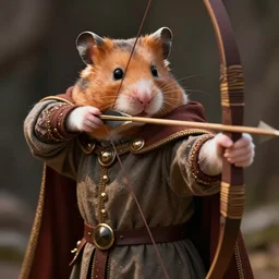 portrait of a hamster with a medieval cloak shooting an arrow with a bow, digital art, artstation, realistic, detailed