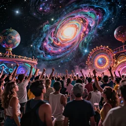 a cosmic rave party in the end of the world, high detail beautiful matte painting, ultrarealistic, octane render, cosmic psychedelic art -H 1024