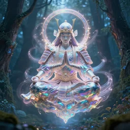 magical samurai floating meditating in enchanted forest, digital art, surreal, beautiful, detailed, highly detailed, intricate, powerful warrior, glowing, prismatic, pearlescent