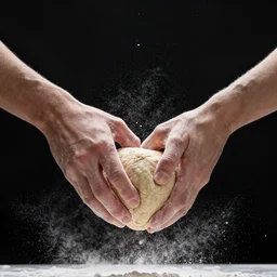 two hands manipulating a dough floating in the air, black background, flour dust spray, backlit, high quality action photography, studio photo, 50mm