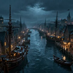 pirate port city with many canals, digital art, night time, drizzling, highly detailed, very beautiful, trending on art station, concept art
