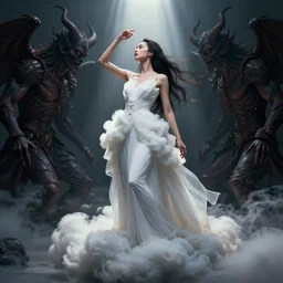 photo of a gorgeous young asian girl , full body, high fashion model, searching for eternity, cloud goddess, duality, far away dreamy atmosphere, rays of light, deep shadows, demons in the style of stefan kostic, hyper realistic, sharp focus, 8k high definition, high fashion, vogue, insanely detailed, intricate, elegant, art by stanley lau and artgerm, brom