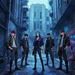 a cyberpunk gang in the alleyway between art deco buildings, graffiti, fine detail, wide shot, intricate, blue color scheme, digital art, illustration, realism, by john smith and noriyoshi ohrai and george luks