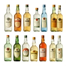 full color precise page scan catalog sheet of various retro bottles on white background, matte painting