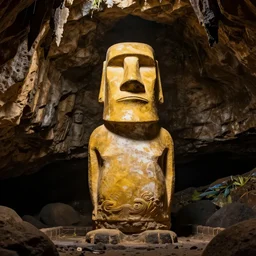 A golden Moai statue found in a cave, nature documentary, 4k image, ray tracing, true to life,