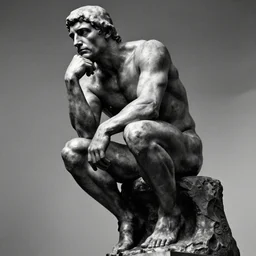 the thinker by auguste rodin, low angle, monochrome, dramatic, deviantart, style of dariusz zawadzki, by tsutomu nihei