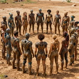 love, diverse muddy cybersuits, from behind, connection rituals, wide wide angle, vivid, elaborate, highly detailed, beautiful lighting