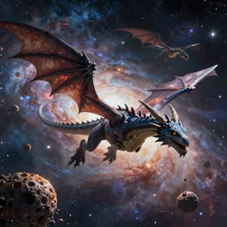 alien dragons flying through outer space, epic nebula, asteroid belt, dan seagrave art