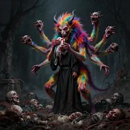 a beautiful, colorful, flesh - eating, whimsical demon with rainbow fur, seven arms, seven legs, three heads, eating a screaming priest, standing on a pile of corpses, by alexandro judorowski and david cronenberg, fear, morbid, nightmare, supernatural, 8 k, digital art, highly detailed, chiaroscuro, creepy, terrifying
