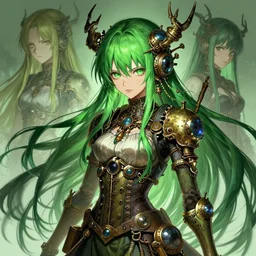 beautiful green hair anime woman, modern, steampunk, fantasy, eerie, intricate details, pixiv, digital painting, artstation, concept art, 8 k, art by artgerm and alohonse mucha and eiichiro oda