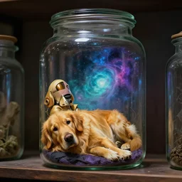 a vivid golden retriever genie space commander neatly fits inside large boron glass storage jar, lying forgotten on the shelf in SCP foundation. Secure, Contain, Protect, iridescent nebula inside a glass cylinder safely contained, eerie nostalgic concept art, by James Gurney and Simon Stalenhag and Greg Rutkowski, hyperdetailed SCP artifact jar, macroshot, trending on ArtStationHQ, 8k