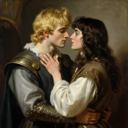 attractive male, blond hair arthur pendragon confesses his love to attractive male dark harried merlin. highly detailed painting by gaston bussiere, craig mullins, j. c. leyendecker 8 k