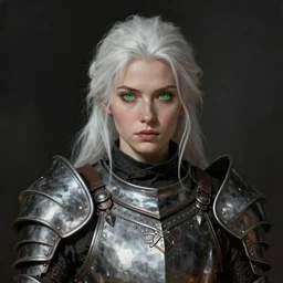 Portrait of a woman warrior in heavy armor, white hairs, green eyes. Dark fantasy, digital art, HD, detailed.